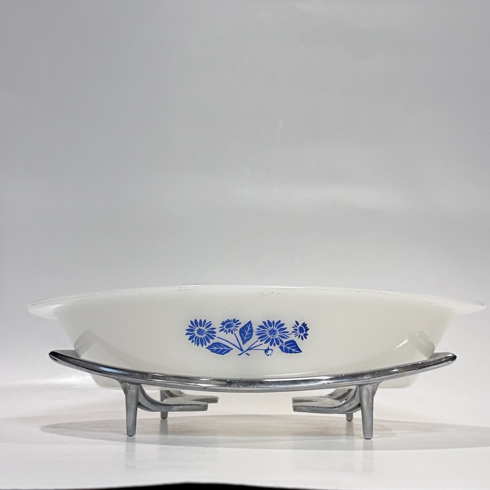 Vintage Glasbake Milk Glass Dish‎ w Blue Flower & Corning Ware Silver Stand
